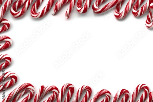 Red and white candy cane-shaped rectangular frame isolated on transparent background, top view. Realistic twisted rope Christmas border with copy space, detailed photo, isolated on white.