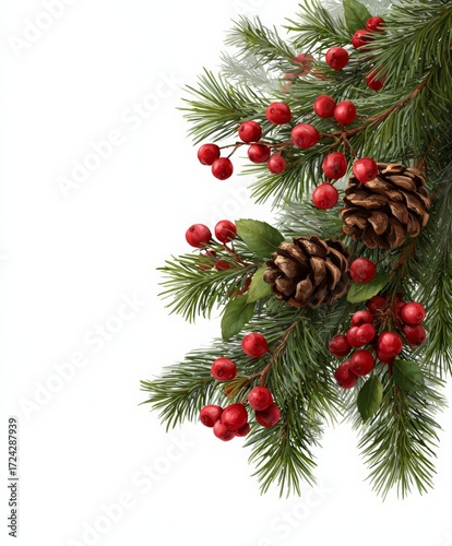 Pine branches with red berries and pine cones arranged in the corner, festive clipart style, isolated on a clean white background, decorative holiday element