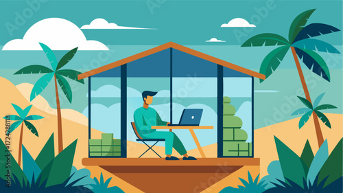 A palmfringed deck serves as the perfect workspace for a remote worker in a luxurious glasswalled bungalow.. Vector illustration