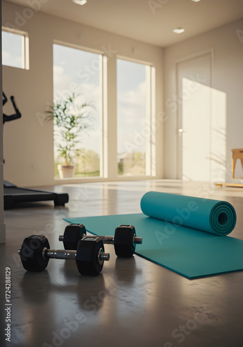 A home fitness studio, with a mat and dumbbells ready for a workout session. The room is filled with natural light
