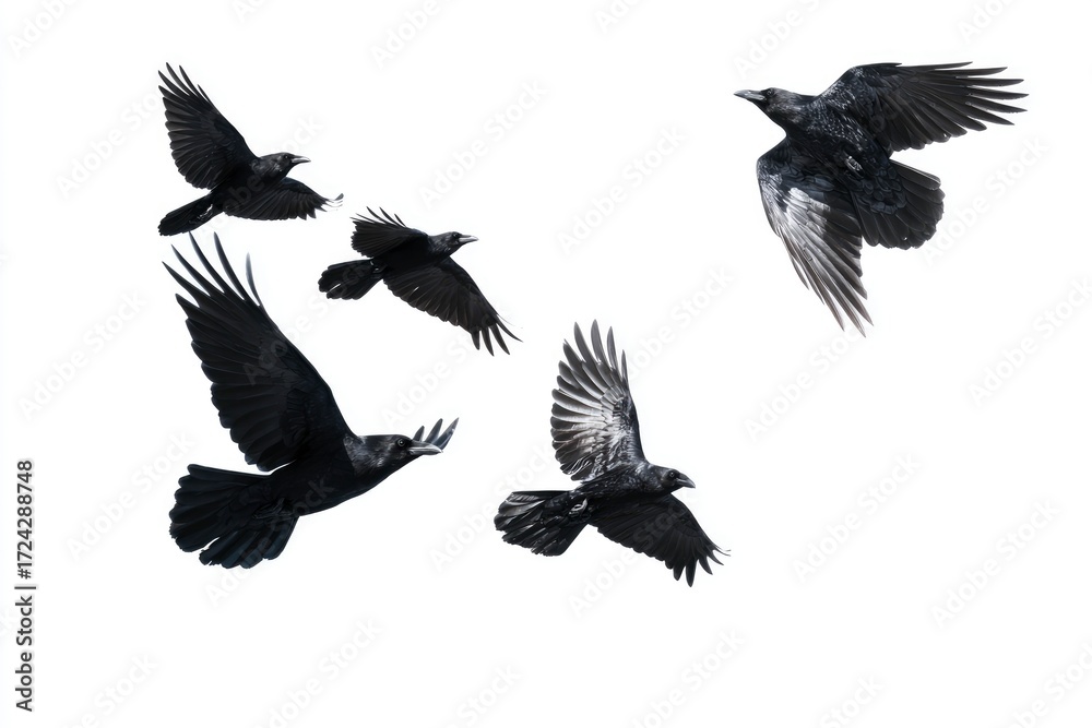 Obraz premium Five black ravens fly against a white background wings spread in different positions
