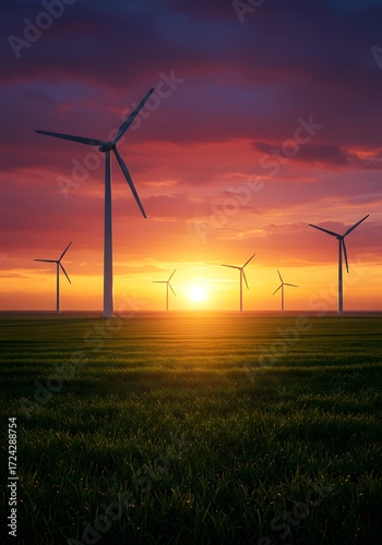 A scenic sunset with wind turbines in a green field, capturing the essence of sustainable energy
