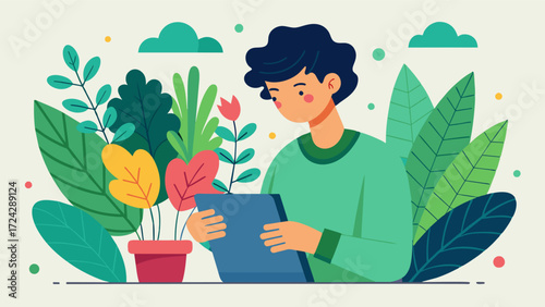 An illustrator sketches out a series of botanical drawings referencing the live plants in front of them for accuracy and inspiration.. Vector illustration