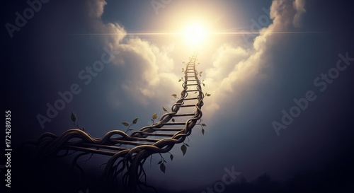 Ladder of success reaching towards a bright sun in a cloudy sky, symbolizing hope and aspiration.