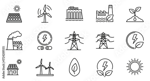 green energy, power generation, and electricity distribution with symbols for solar, wind, and eco-friendly technology