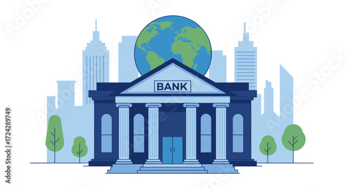 An illustrated vector image depicts a bank building with a globe on top, symbolizing global finance and banking within a city environment, showcasing financial institutions.