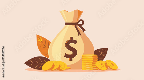 A vector illustration depicts a money bag adorned with a dollar sign, accompanied by a stack of gold coins and scattered coins, set against a neutral backdrop with leaves.