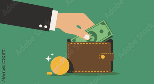 Illustration depicts a person's hand placing a dollar bill into a brown wallet, accompanied by a shiny gold coin, all set against a green background, emphasizing financial transactions.