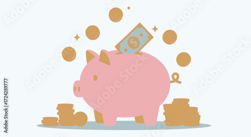 Cute pink piggy bank with coins and a banknote being inserted, symbolizing saving money and financial growth with a clean, modern design.