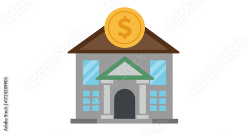 A vector illustration depicts a classic bank building topped with a large gold coin, symbolizing financial institutions and investment opportunities in a modern design.