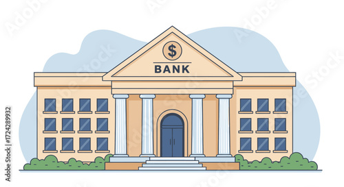 A vector illustration of a classic bank building with pillars, a front door, and windows, set against a light blue sky with a simple design.