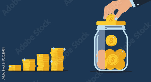 An illustrated vector graphic depicts a hand depositing coins into a glass jar, symbolizing savings, investment, and financial growth with stacks of gold coins on a dark blue background.