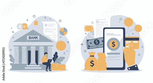 A vector illustration depicts modern banking services, showcasing a bank building, online transactions on a smartphone, and financial documents in a clean, contemporary style.