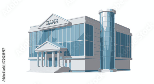 Modern bank building with glass facade and classical columns, representing financial institution and urban architecture, isolated on white background.