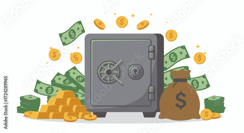 Vector illustration of a secure bank vault surrounded by gold bars, money, and coins, symbolizing wealth and financial security, perfect for business and finance concepts.