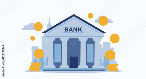 A modern vector illustration of a bank building with gold coins and clouds, perfect for financial, banking, and investment-related concepts, in a clean, flat design.