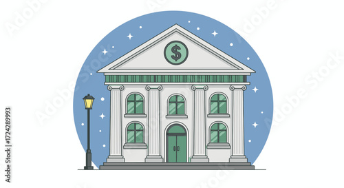 Vector illustration of a classic bank building at night, depicted in PNG format, ideal for financial websites and business presentations, showcasing a simplified architectural design with a prominent