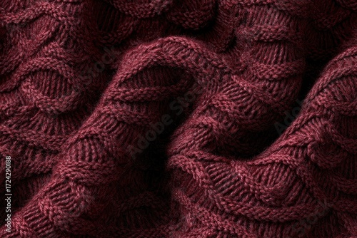 Close-up of deep burgundy cable knit fabric