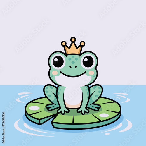 A cartoon frog wearing a crown sitting on a lily pad in water with a light blue background scene