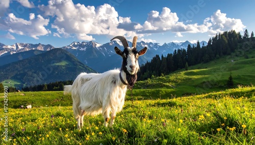 Goat in alpine meadow, sunny day