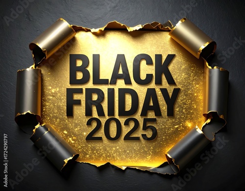Gold and black torn paper banner with Black Friday 2025 text