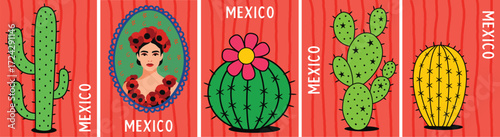 A colorful Mexican-themed illustration featuring different cartoon cacti, vibrant colors, and a traditional portrait of a woman  for posters, prints, souvenirs, party invitations.
