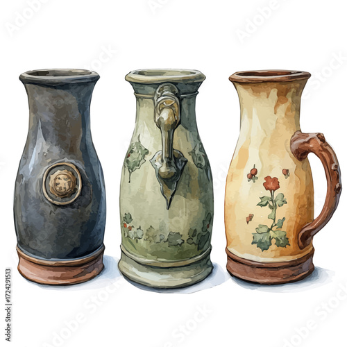 watercolor vector of German Festive Mugs, isolated on a white background.