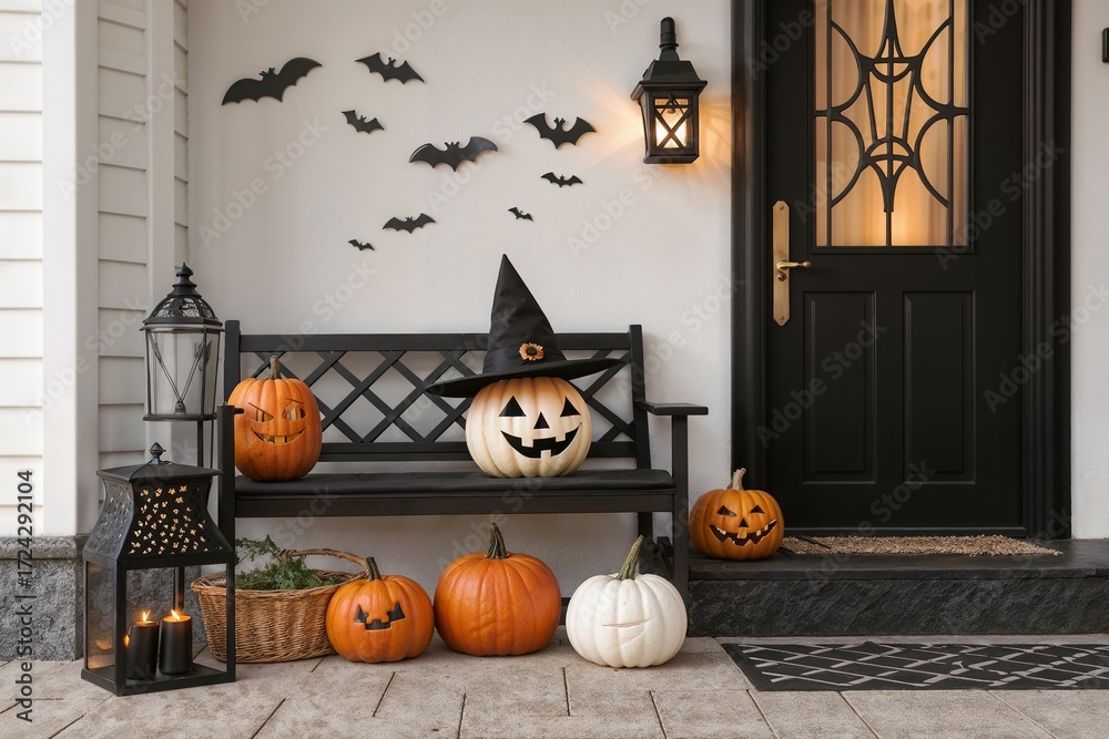 Obraz premium Halloween Porch Decor poster – Pumpkins, Witch Hat, Lanterns, Bats, and Festive Front Door Setup