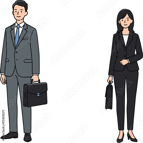 Business professionals, corporate attire, formal suit, office workers, career concept, job interview, business meeting, executive style, workplace diversity, briefcase holders