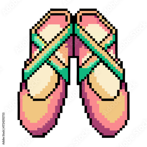 Delicate pink pixel art ballet shoes for dance recital posters or ballet-themed website graphics, a retro 8-bit style