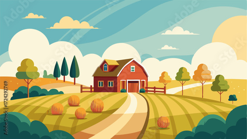 A tranquil countryside scene with a cozy farmhouse surrounded by fields of fresh hay.