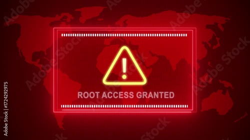 Root access granted warning. Cybersecurity defense and system protection from hackers, secure digital systems, cyberattack prevention. Digital security and risk control.