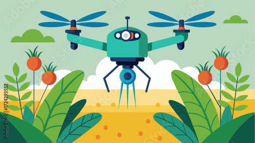 A flying robotic system equipped with ultrasonic sensors scans the crops for any signs of insect damage allowing for early intervention and prevention of widespread damage.. Vector illustration