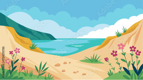 A secluded cove with gentle slopes of sand each dune adorned with delicate wildflowers swaying in the coastal breeze.