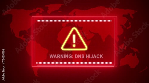 Warning: DNS hijack warning. Cybersecurity defense and system protection from hackers, secure digital systems, cyberattack prevention. Digital security and risk control.