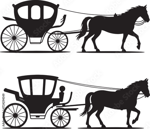 Black silhouette horse drawn carriage and horse white