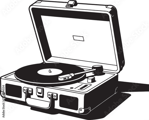 Black and white illustration of an open record player
