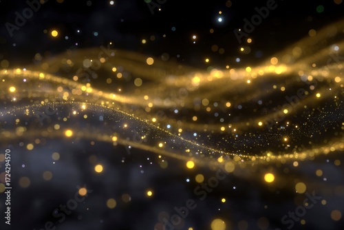 Golden blurred light points scattered across a dark background creating an abstract layered effect