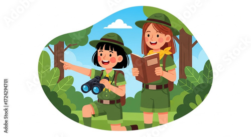 World Scout Day Young adventurers immerse themselves in outdoor learning, navigating a lush forest with exploration tools, embodying discovery and curiosity