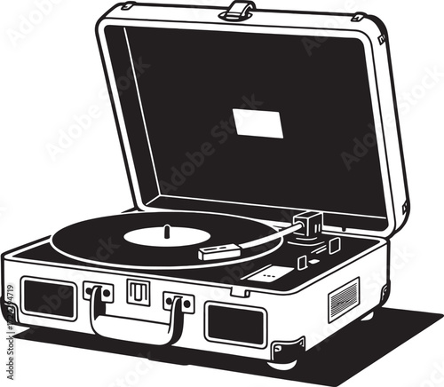 Open vintage suitcase with turntable and record vintage record player