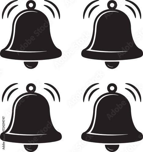 Four black ringing bell icons on white background alert