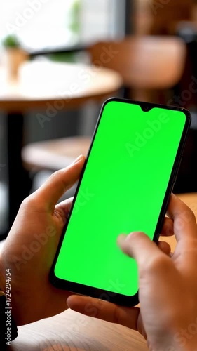 Person using smartphone with green screen in cafe (Vertical Video)