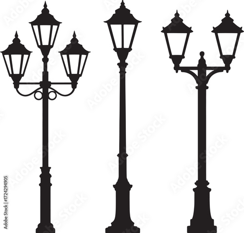Three black silhouette vintage street lamps on white background 1