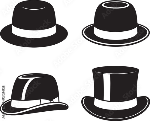 Four black and white illustrations of hats fedora top hat