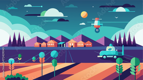 A futuristic farm with fields seamlessly transitioning from one crop to another all thanks to AIdriven crop rotation schedules.. Vector illustration