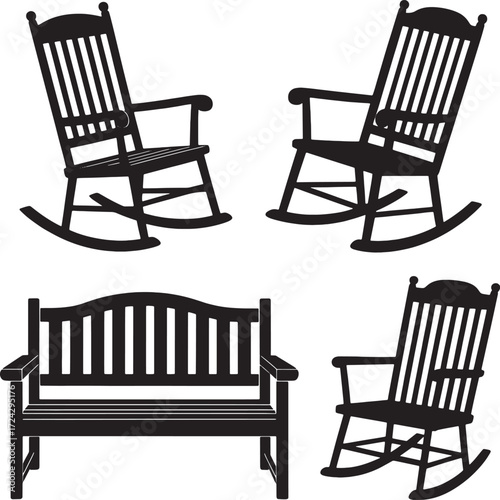 Three rocking chairs and a park bench silhouette black and white