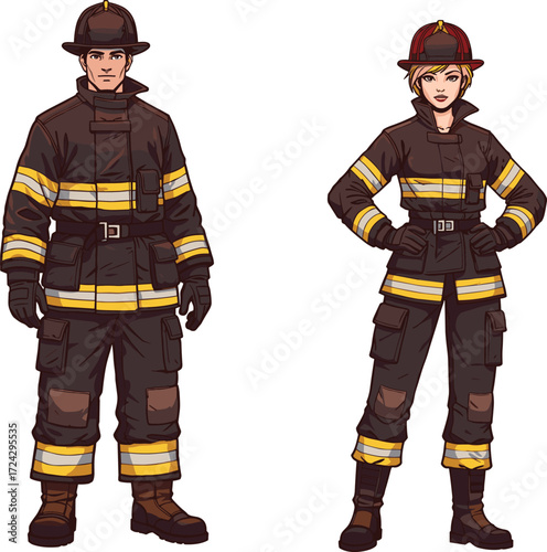 Firefighters in protective gear, emergency response team, safety uniform, rescue professionals, fire service heroes, reflective clothing, helmet, boots, gloves, teamwork