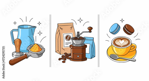Coffee making process icons set vector illustration collection