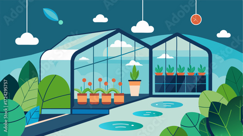A futuristic hydroponic greenhouse using IoT sensors to monitor and regulate water and nutrient levels resulting in higher quality and more sustainable produce.. Vector illustration