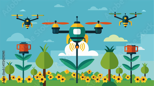 A fleet of drones work together to quickly and accurately pollinate crops ensuring high yields and reducing the need for manual labor.. Vector illustration
